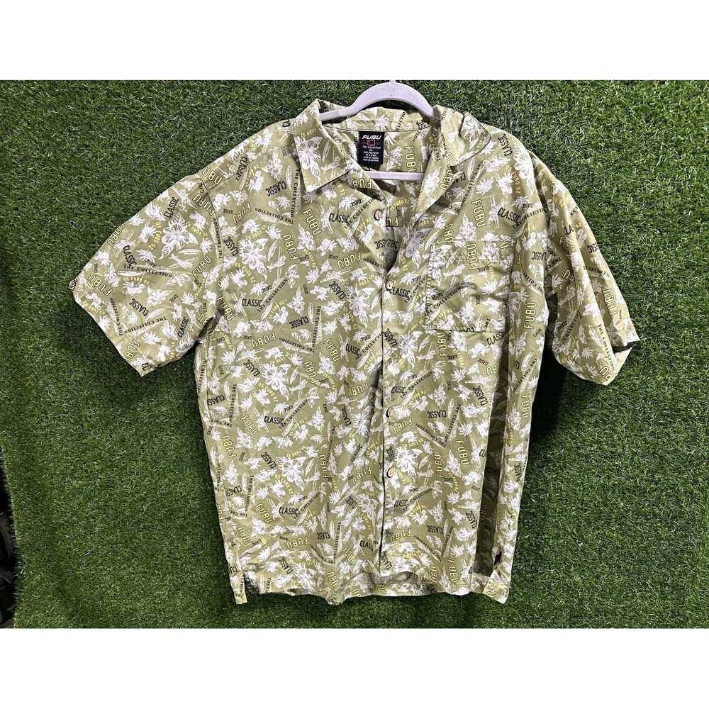FUBU The Collection Woven Floral Tropical Short Sleeve Button-Up Men's XL Green